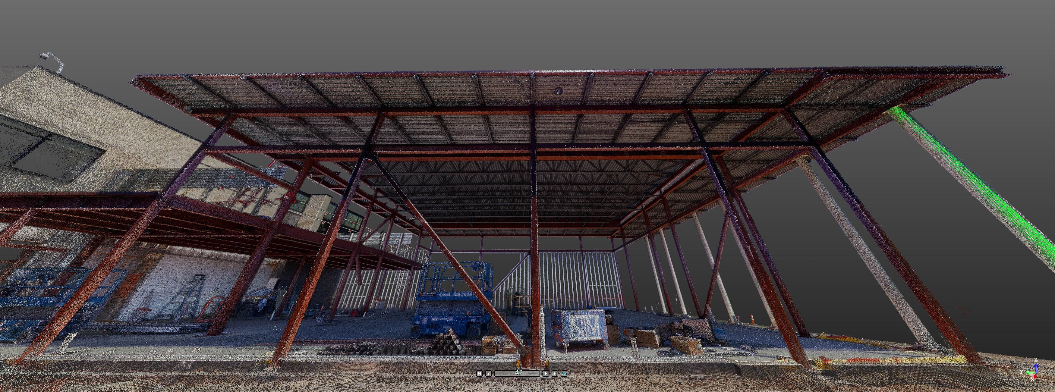 3D scan of a steel structure construction project with a new roof and slanted supports.