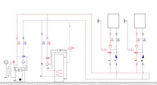 Schema einer hydraulischen Anlage im CAD-Programm Trimble Nova mit relevanten Sanitär- und Heizsymbolen