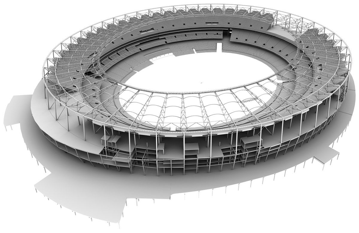 A grayscale 3D rendering of the Optus Stadium shows the structure of the stadium with its tiered seating and outer shell.