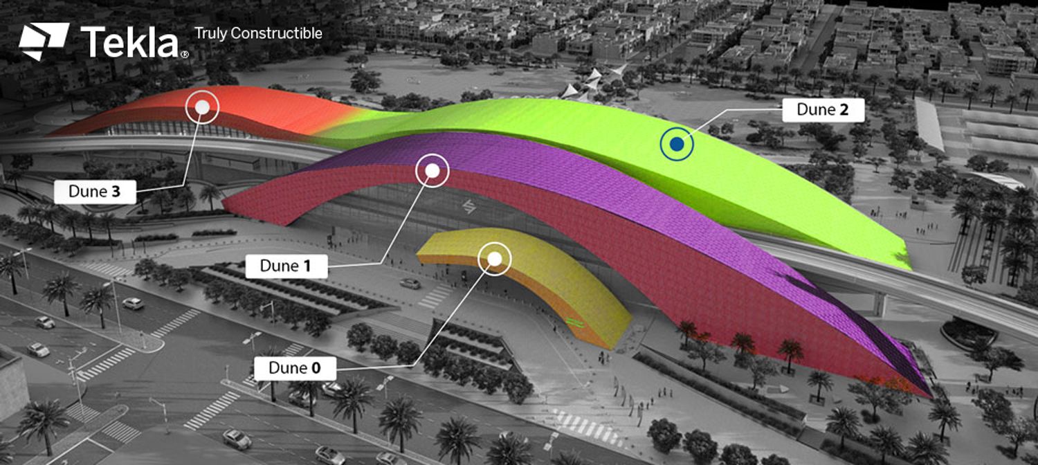 A computer rendering of the Riyadh Metro Western Station, showcasing the building's layered, dune-like structure with distinct color-coded zones.