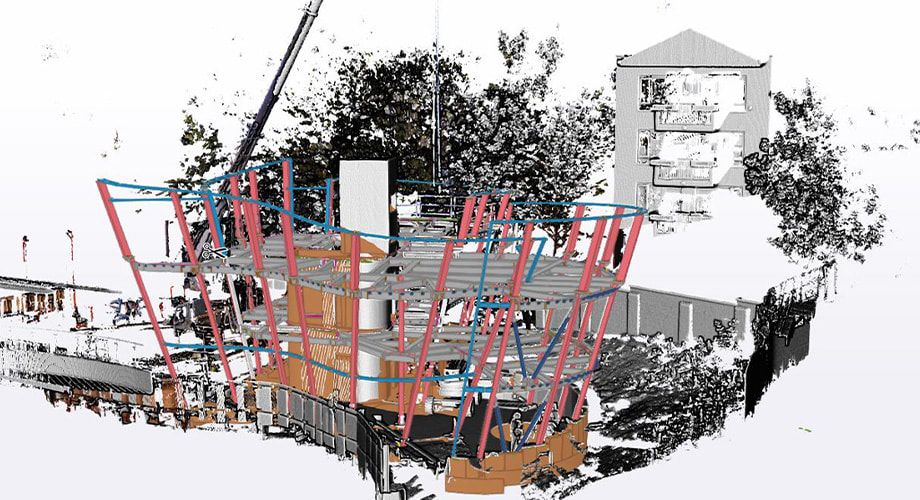 Point cloud environment, with Maggie's Centre model in the environment