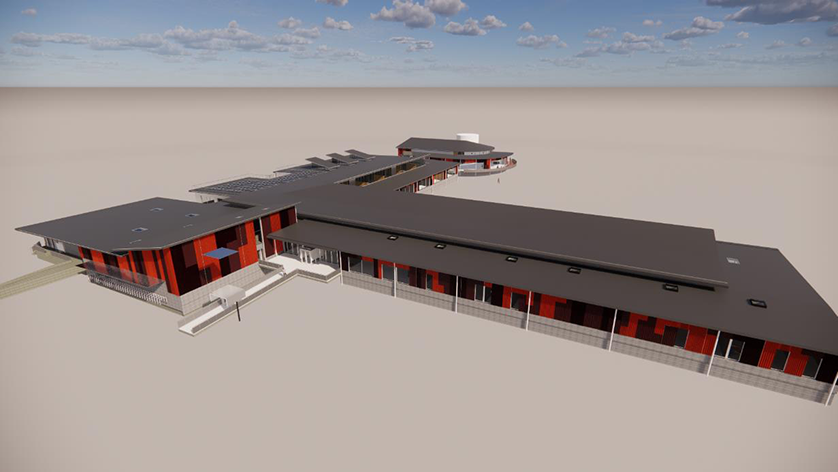 Architectural rendering of a long, low-rise building with a dark gray roof and red accents.