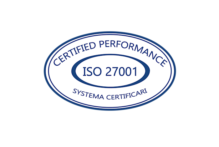 ISO 27001 certification badge. Certified Performance Systema Certificari.