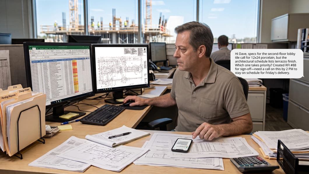Office worker reviewing architectural floor plans and spreadsheets on dual monitors at a desk. Papers spread out before him.