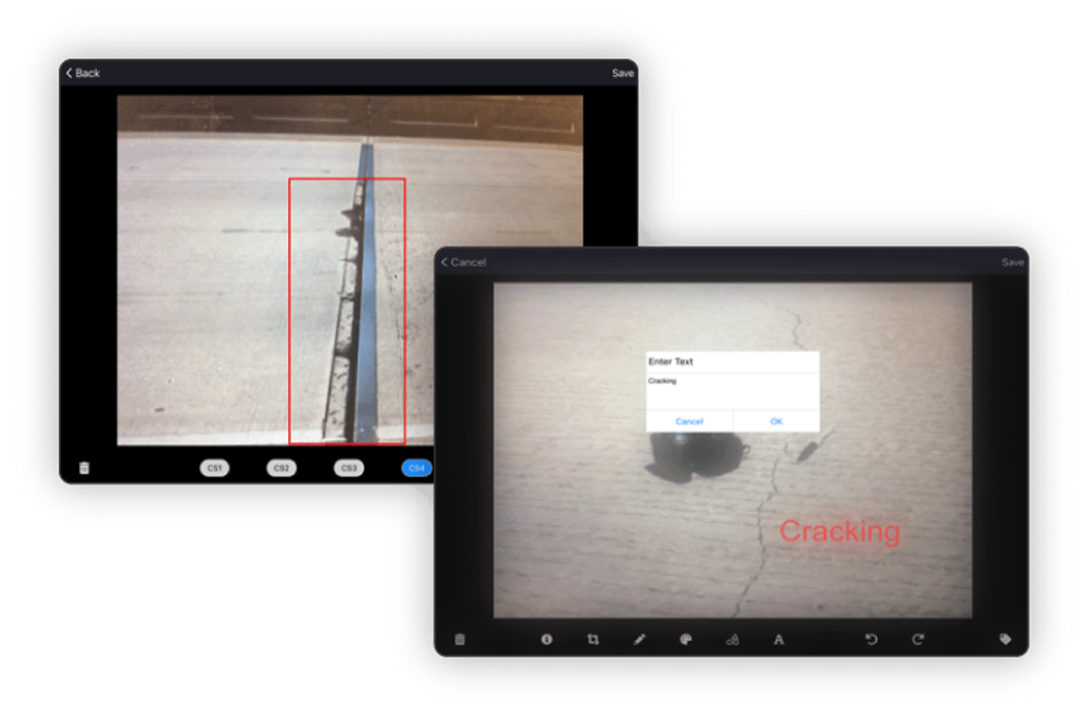Interface showing cracking detection on asphalt with annotations.