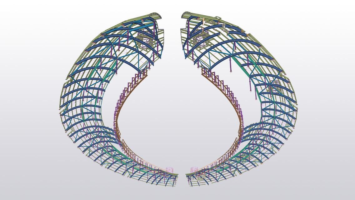 A digital model of the intricate steel framework for a large, curved structure, resembling a pair of open wings.