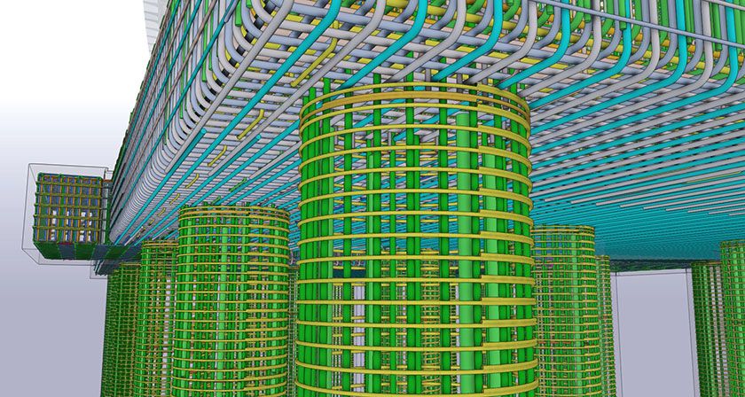 3D rendering of bridge substructure showing cylindrical columns and overhead deck reinforcement.