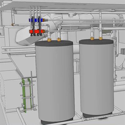 3D rendering of two large gray water heaters with plumbing and a heat exchanger.