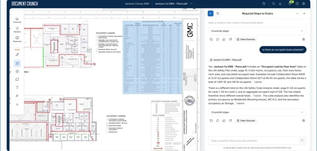 Document Crunch interface querying architectural plans and displaying occupant load AI responses.
