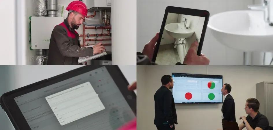 Collage van loodgieter aan het werk, tablet die wastafel toont, digitaal formulier en vergadering met datavisualisatie op scherm.