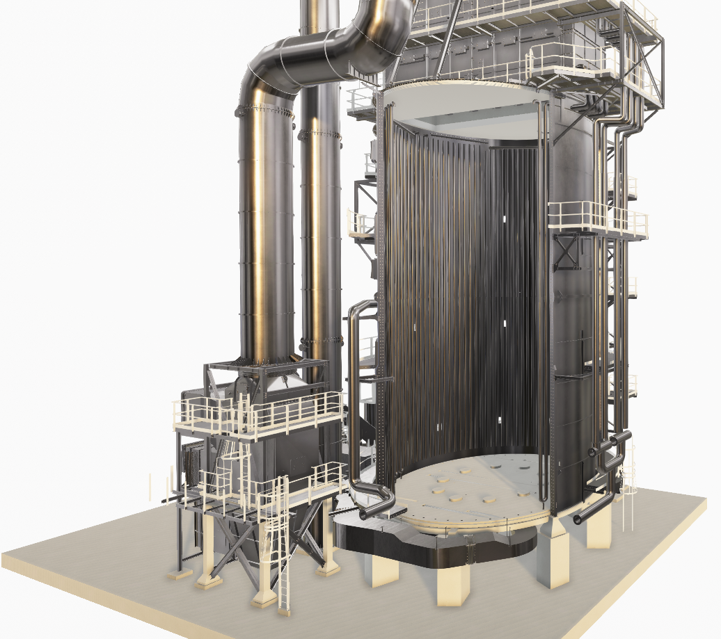 A cutaway view of a vertical industrial boiler, showcasing its internal structure with numerous tubes and a circular base.