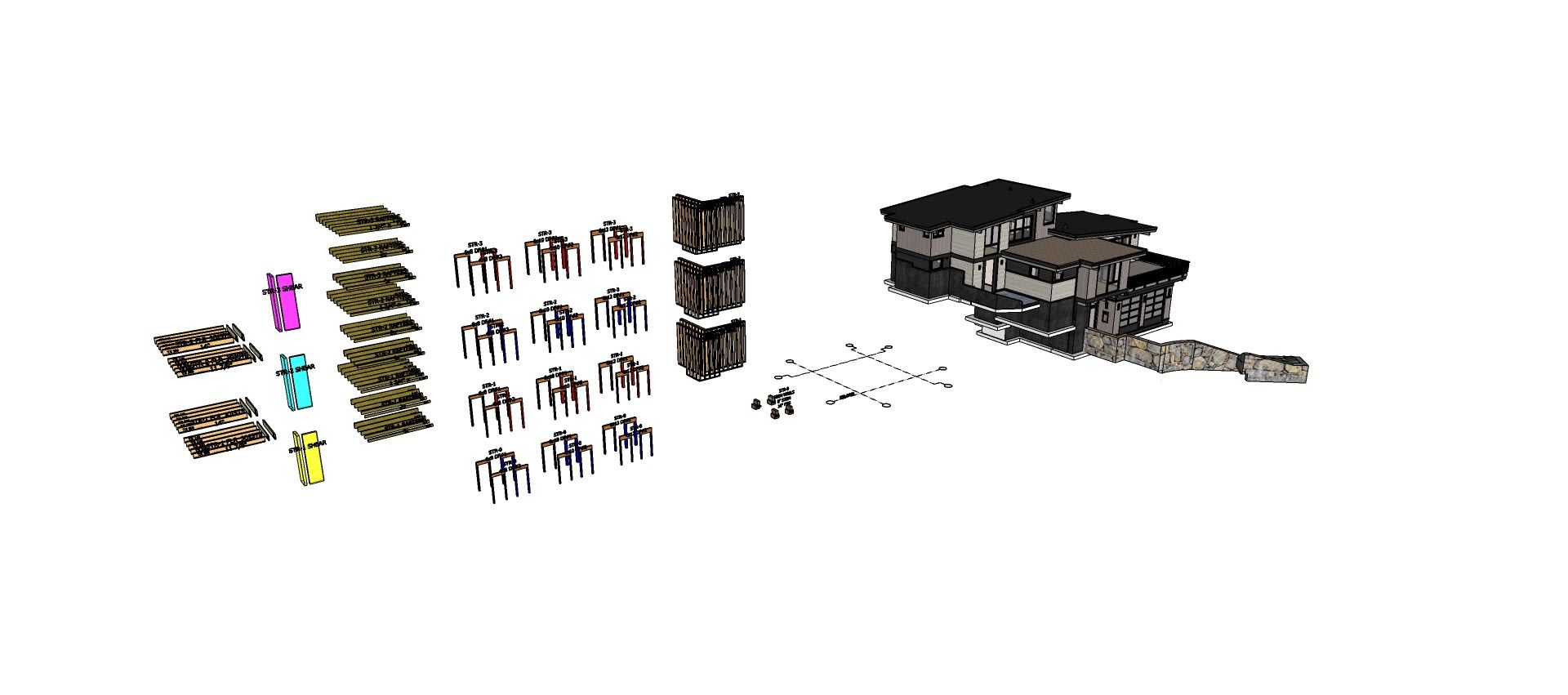 Screenshot of a residential architectural model in SketchUp with engineering components shown beside it
