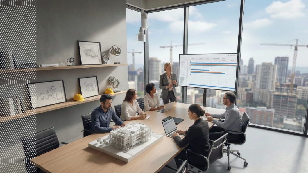 A diverse team in a modern boardroom discusses a construction project plan on a Gantt chart screen.
