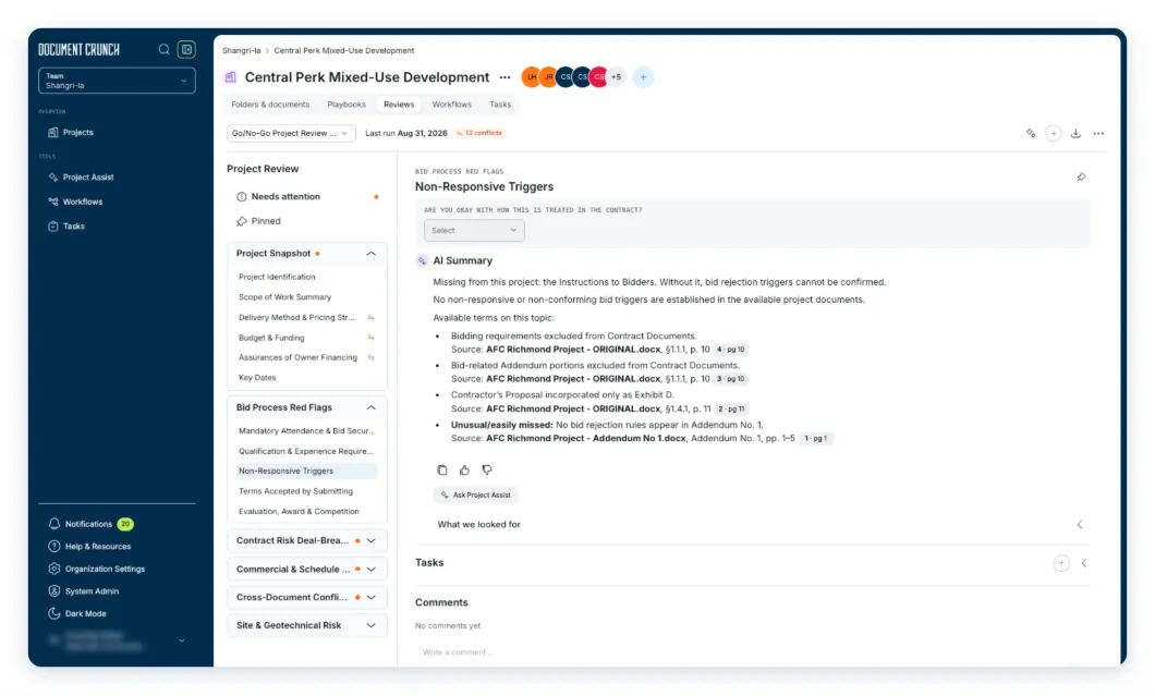 Document Crunch dashboard showing automated contract review and bid process red flags AI summary.
