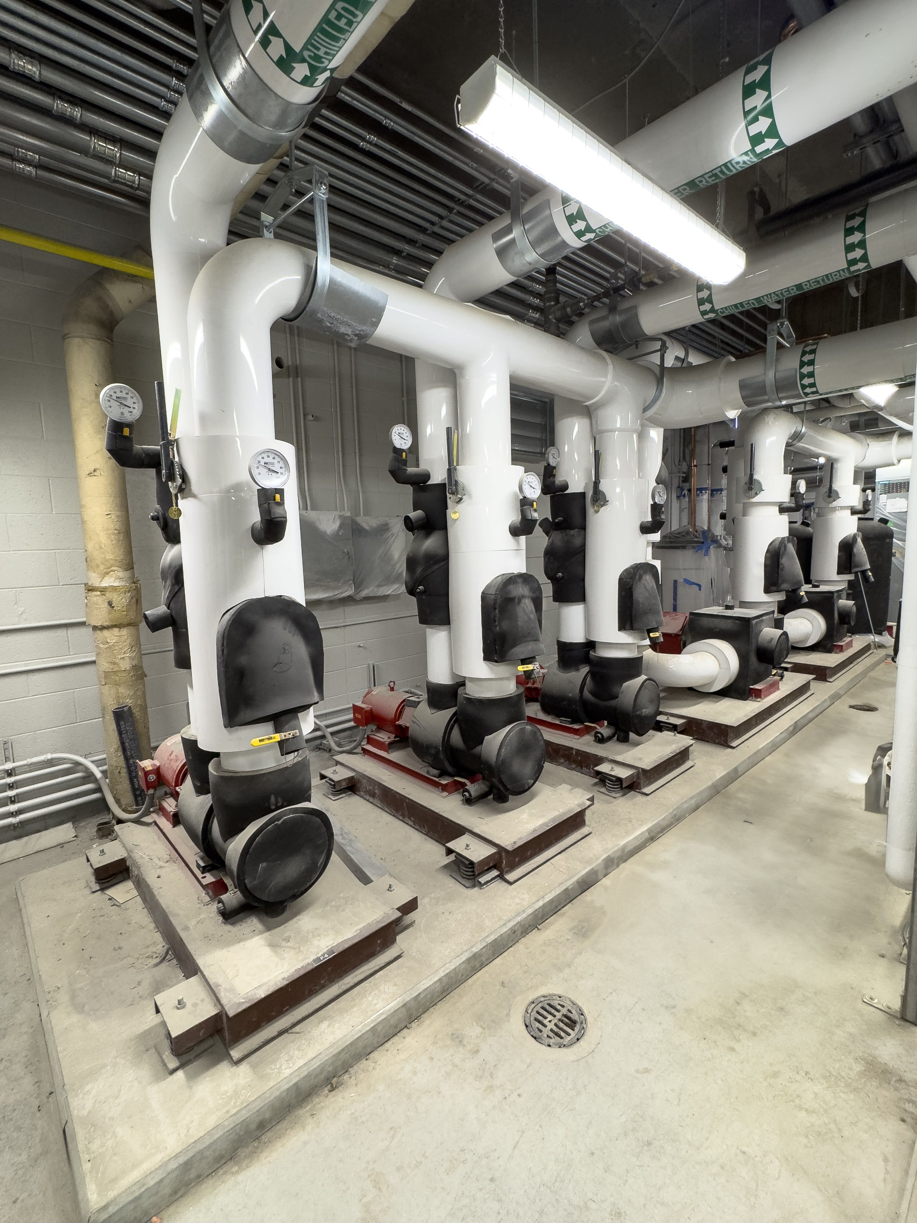 Chilled water pumps in the second-floor mechanical room of the addition space