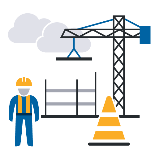 Illustration of a construction site with a crane, scaffolding, a worker, and a traffic cone.