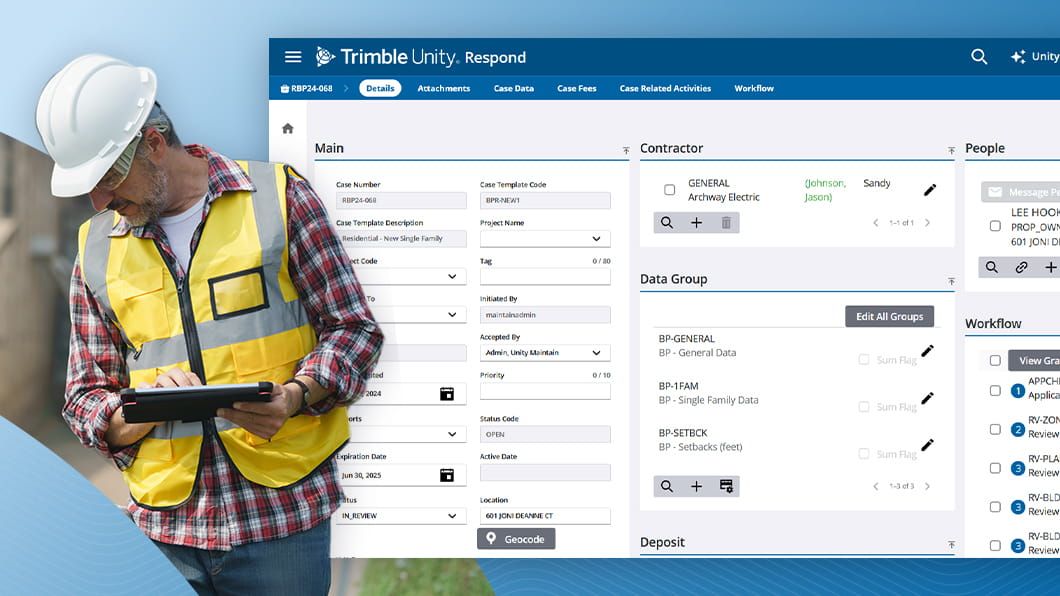 Field worker using a tablet next to a screen showing case details on the Trimble Unity Respond dashboard.