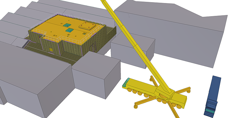 3D rendering of a construction site with a yellow crane and a blue truck next to a yellow building.