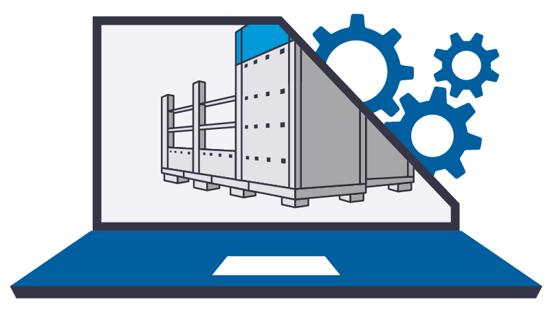 Illustration of a laptop with a blueprint of a modular structure on its screen, with gears in the background.