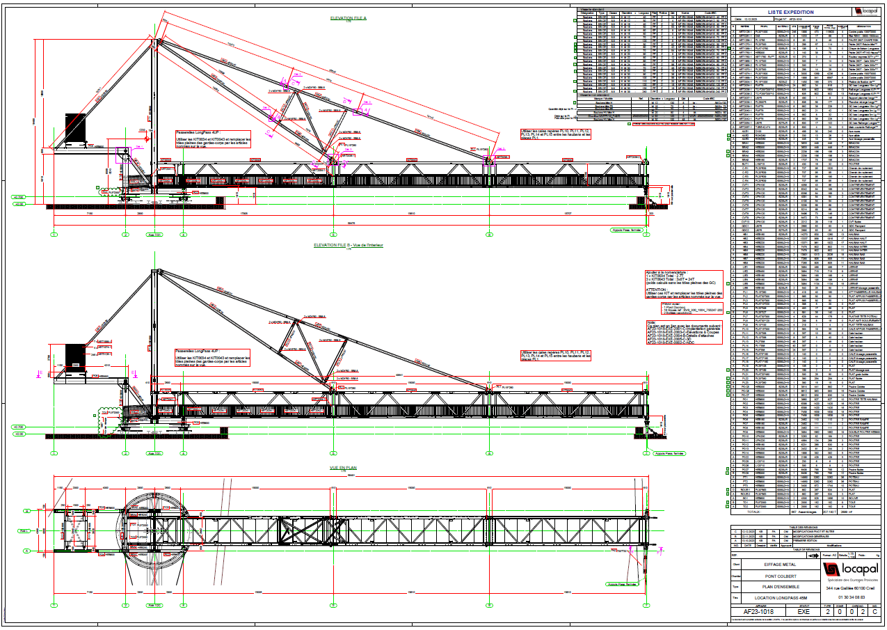 Engineering blueprint showing multiple views of a crane structure with detailed dimensions and specifications.