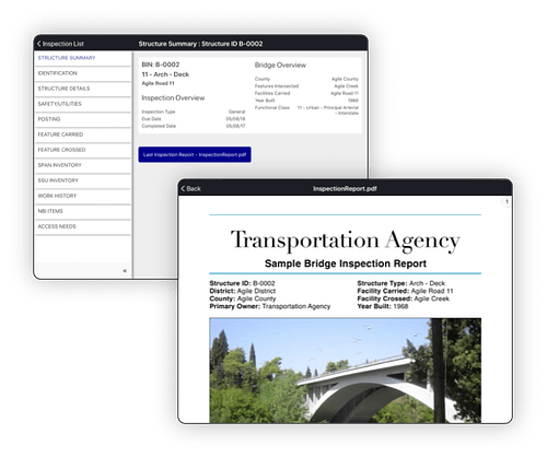 Screenshots of bridge inspection reports on digital devices.