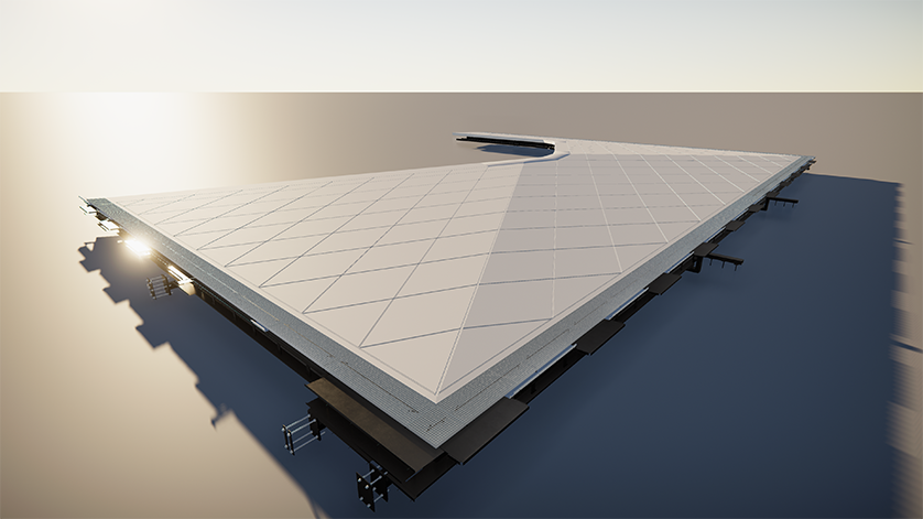A futuristic building with a large, flat, white roof and a triangular shape.