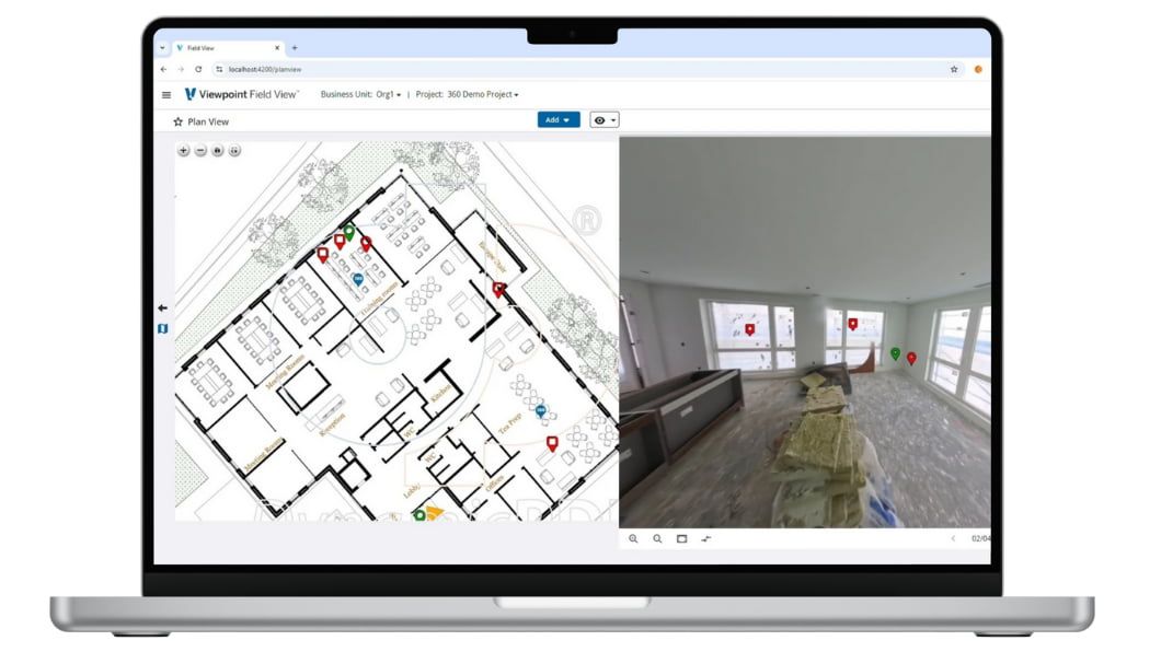 Laptop screen showing Viewpoint Field View with a floor plan and a 360-degree photo of an indoor site.