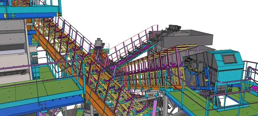 Tekla 3D rendering of a complex industrial conveyor system with multiple belts and support structures.