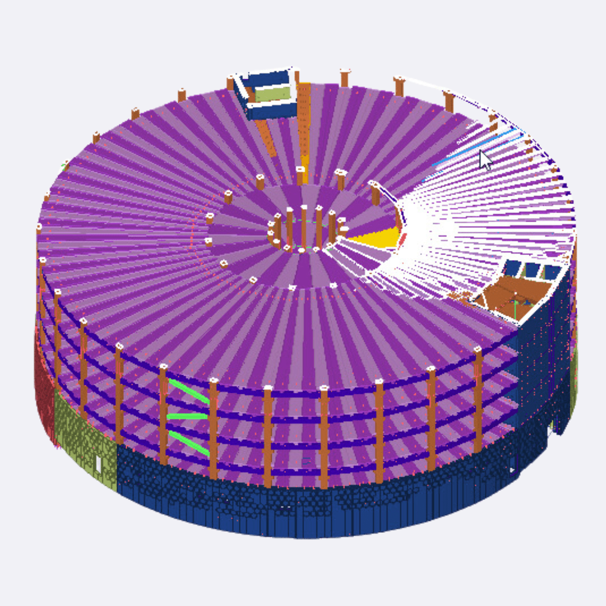 3D rendering of a circular building with multiple levels, purple floors, and orange support columns.
