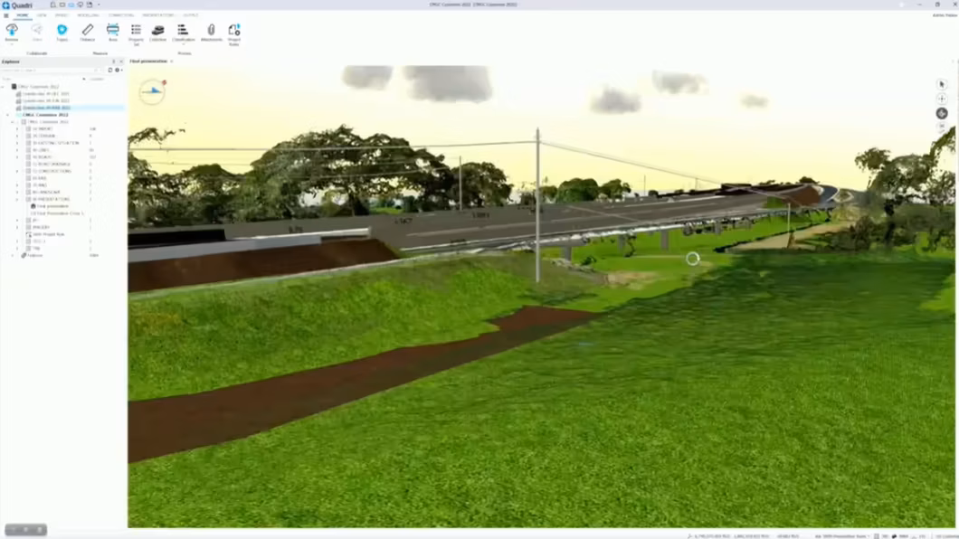 Screenshot of Trimble Quadri software showing a 3D landscape and highway infrastructure project.
