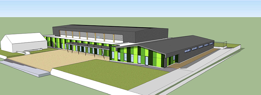 Architectural rendering of a modern school gymnasium with a green and grey facade, featuring large windows and a surrounding grassy area.