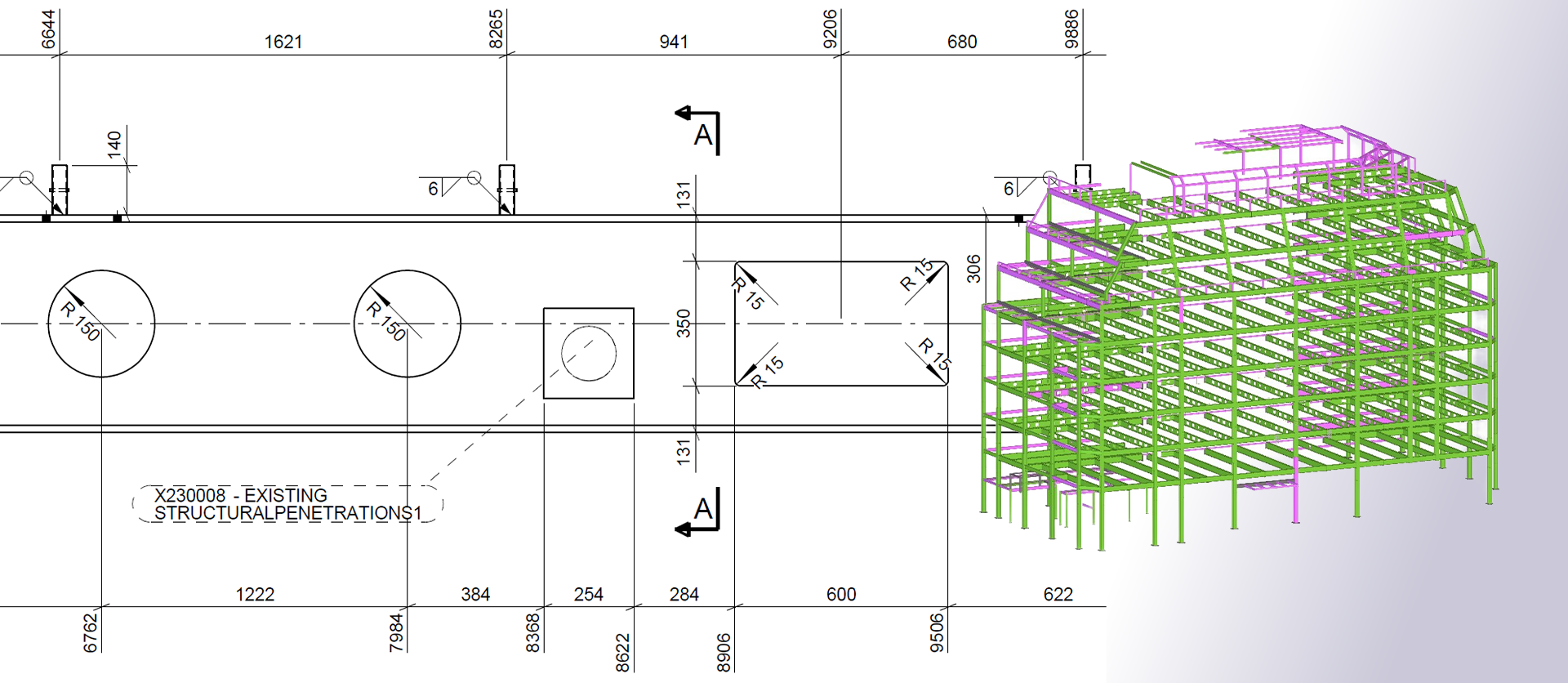 Drawing showing defects or existing features – such as bolt holes or plates.