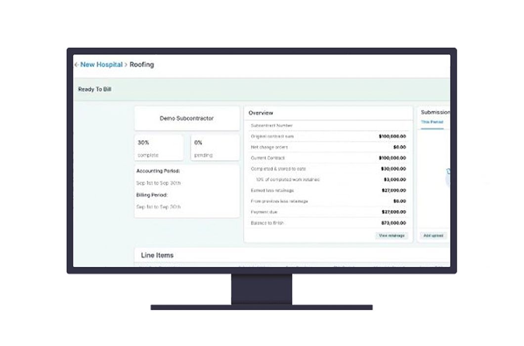 Computer monitor showing project management software for 'New Hospital > Roofing' subcontractor billing overview.