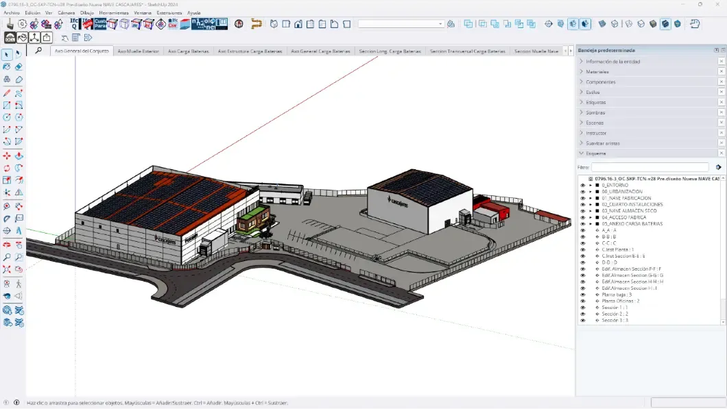 SketchUp model of the Cascajares production plant, showing one larger building adjacent to a smaller one.