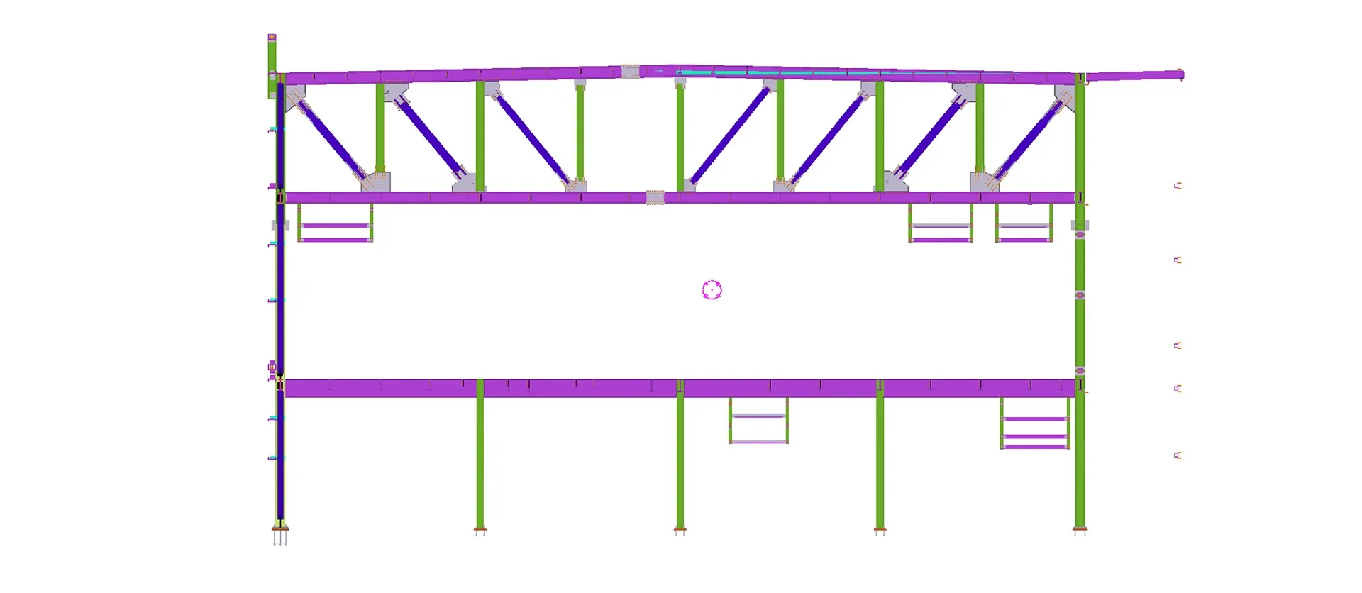 A technical 2D structural engineering elevation blueprint displaying a purple and green cross-section of a building frame with detailed overhead steel trusses