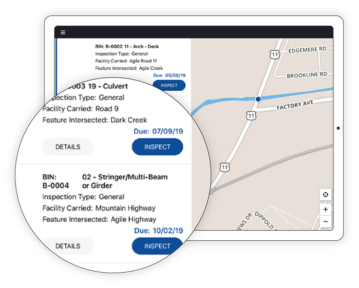 Tablet displays inspection data including location and upcoming tasks with map integration.