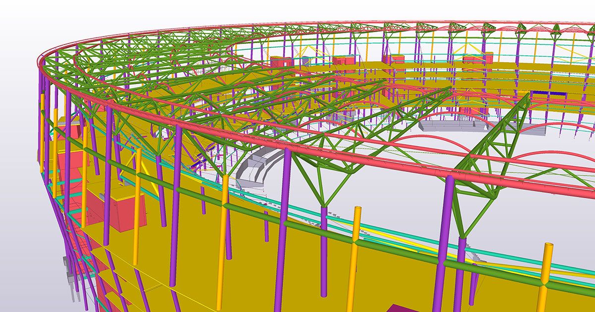 Tekla 3D model of the Optus Stadium roof structure, showing its intricate steel framework.