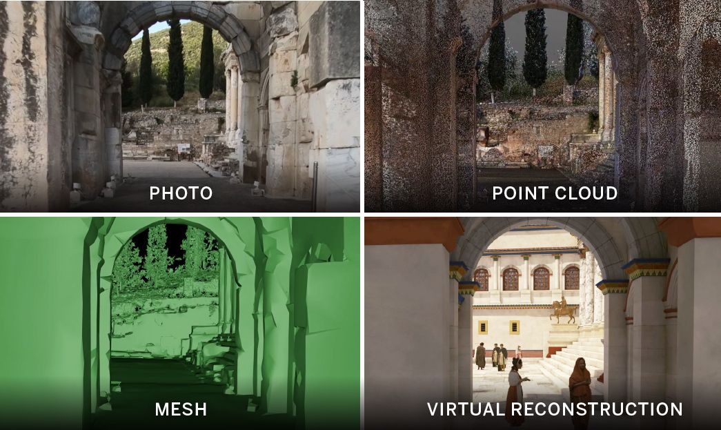 Image depicts the process of 3D reconstruction from photo to virtual reality.