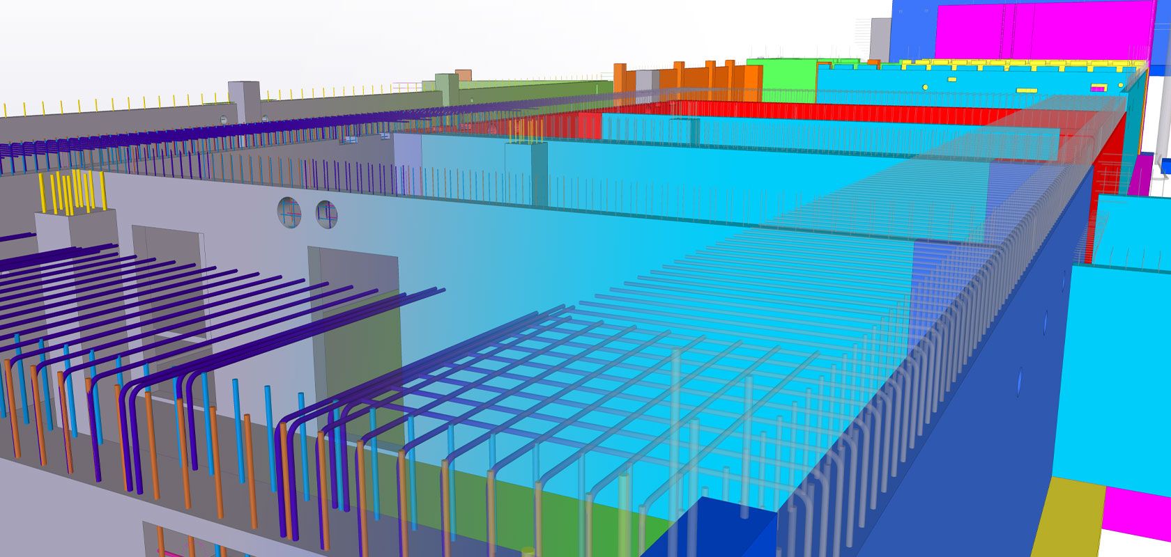 3D architectural rendering of a building's foundational rebar structure, with different structural elements and layers.