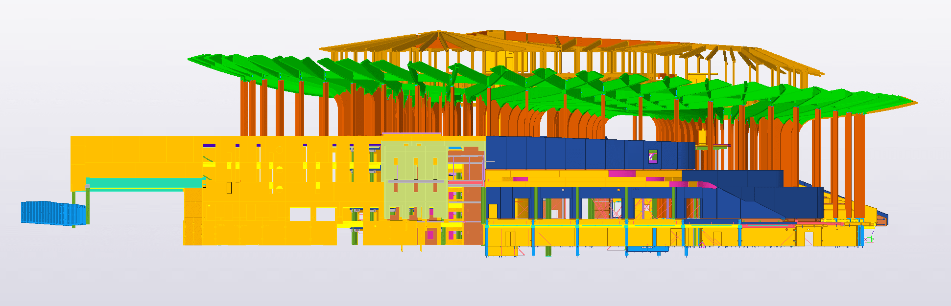 A colorful 3D rendering of a building's structural framework.