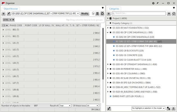 Screenshot of the Tekla Organizer software, displaying a project's object browser and categories.