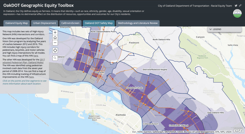 Oakland DOT map showing high-injury networks for pedestrian and vehicle safety.