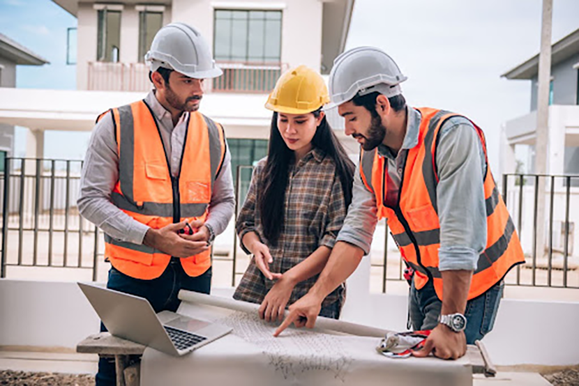 Three construction professionals, two men and one woman, huddle around blueprints and a laptop on a construction site.