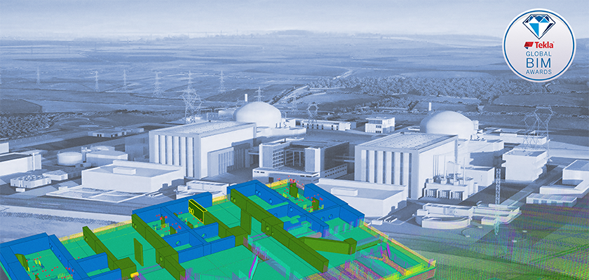 Model of reinforced concrete buildings with artists impression of nuclear power station in background