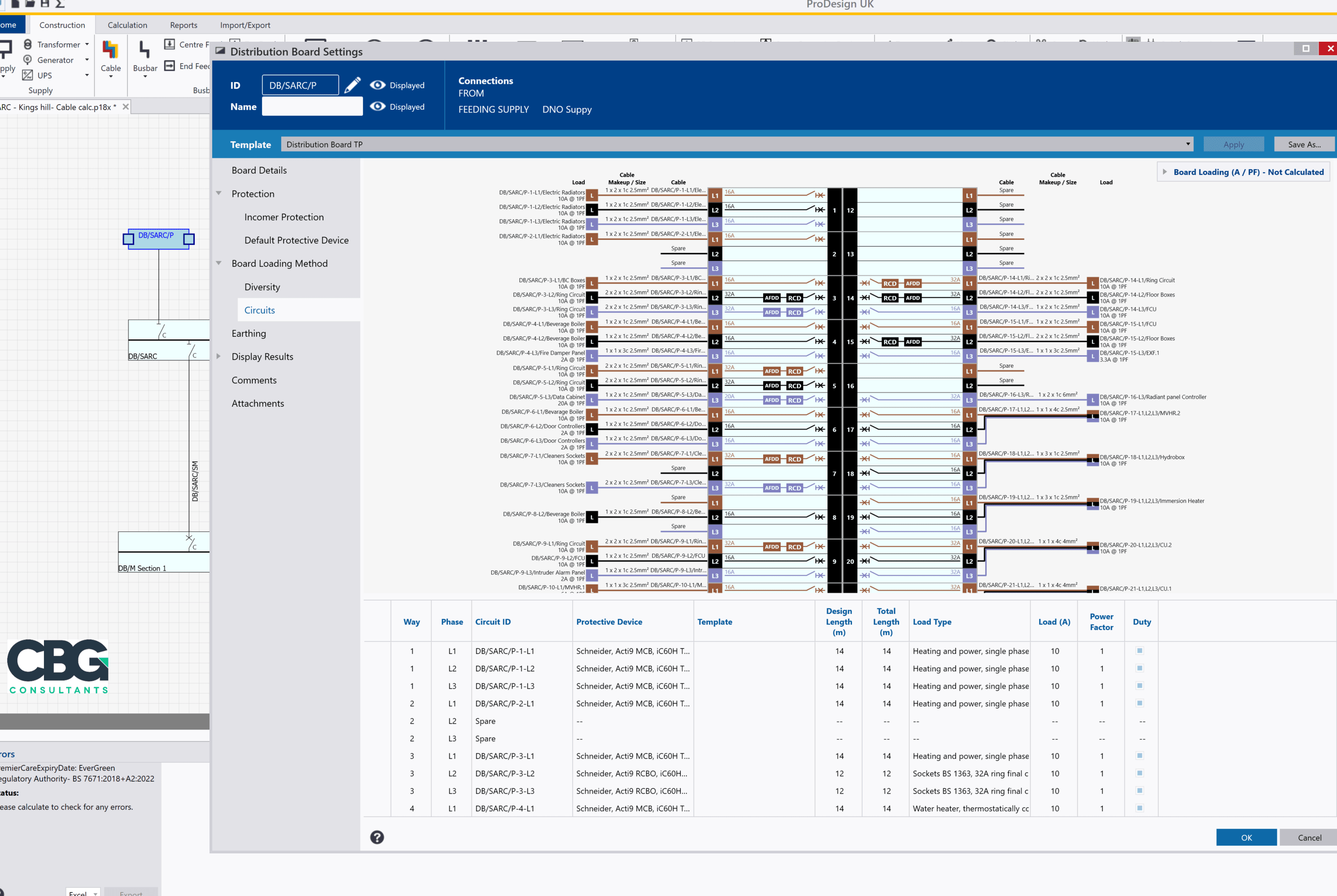 Distribution Board Settings dialog with a list of circuits and their protective devices.