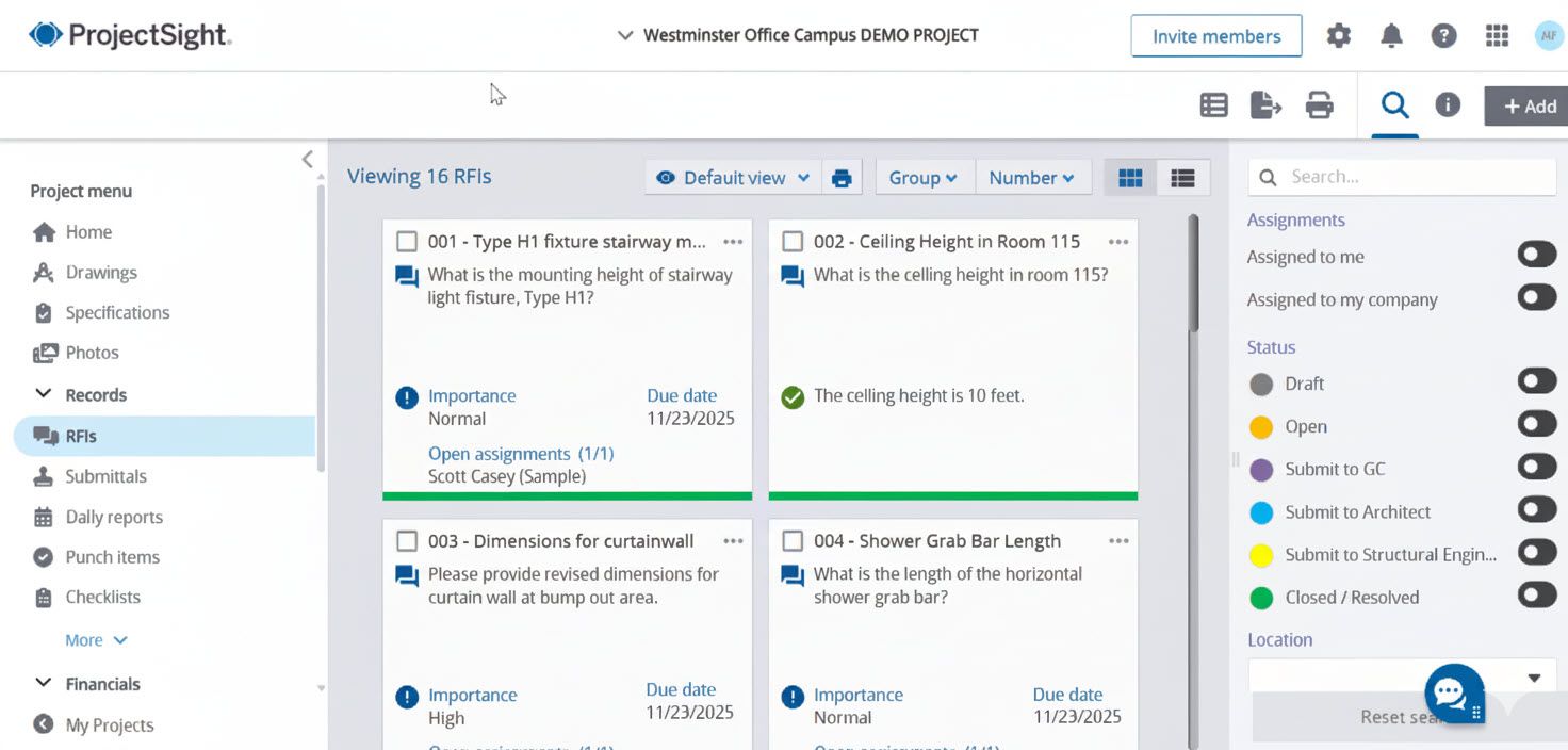 Multiple RFI’s shown in ProjectSight with a tab showing the project menu and a tab showing assignments, status and location