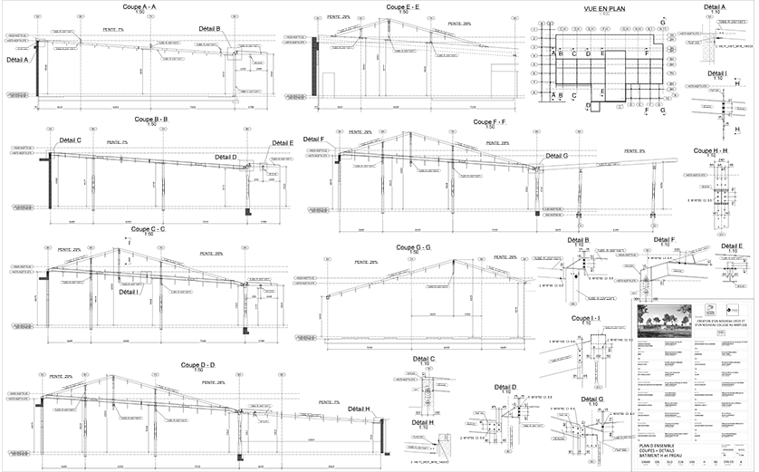 Architectural blueprints showing various cross-sections and a plan view of a building structure.