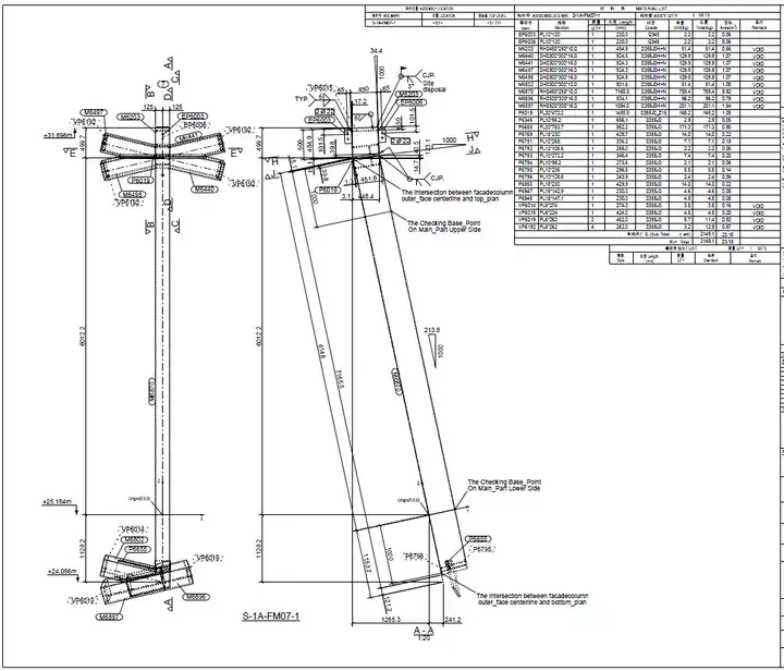 Technical drawing of a facade column with a table of material specifications.