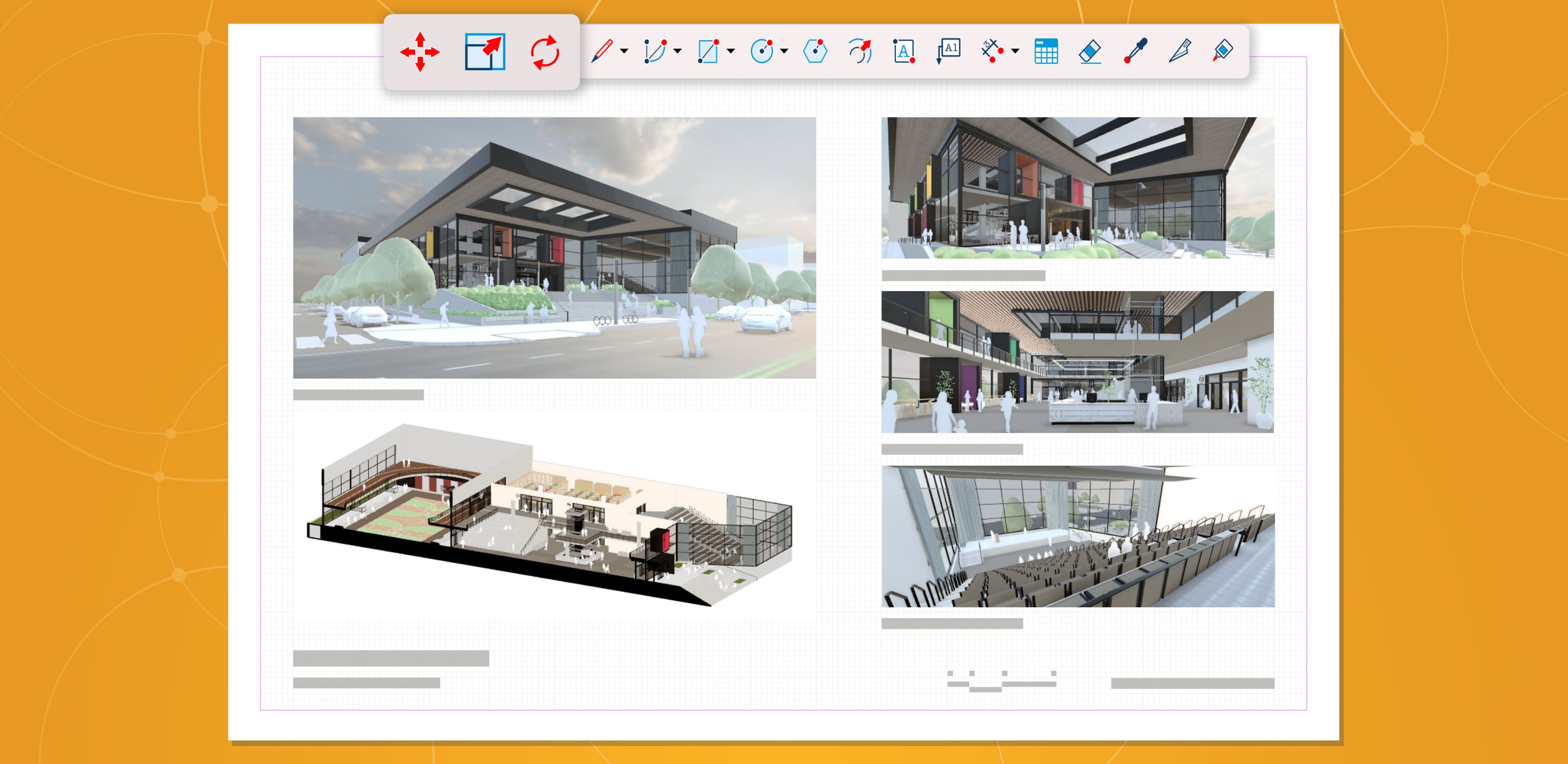 Capture d’écran d’une page LayOut montrant cinq images du modèle du centre culturel avec mise en évidence des icônes Déplacer