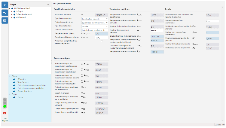 Screenshot of a building energy performance simulation software, showing input parameters for calculating thermal losses according to SIA 384/2 2020.